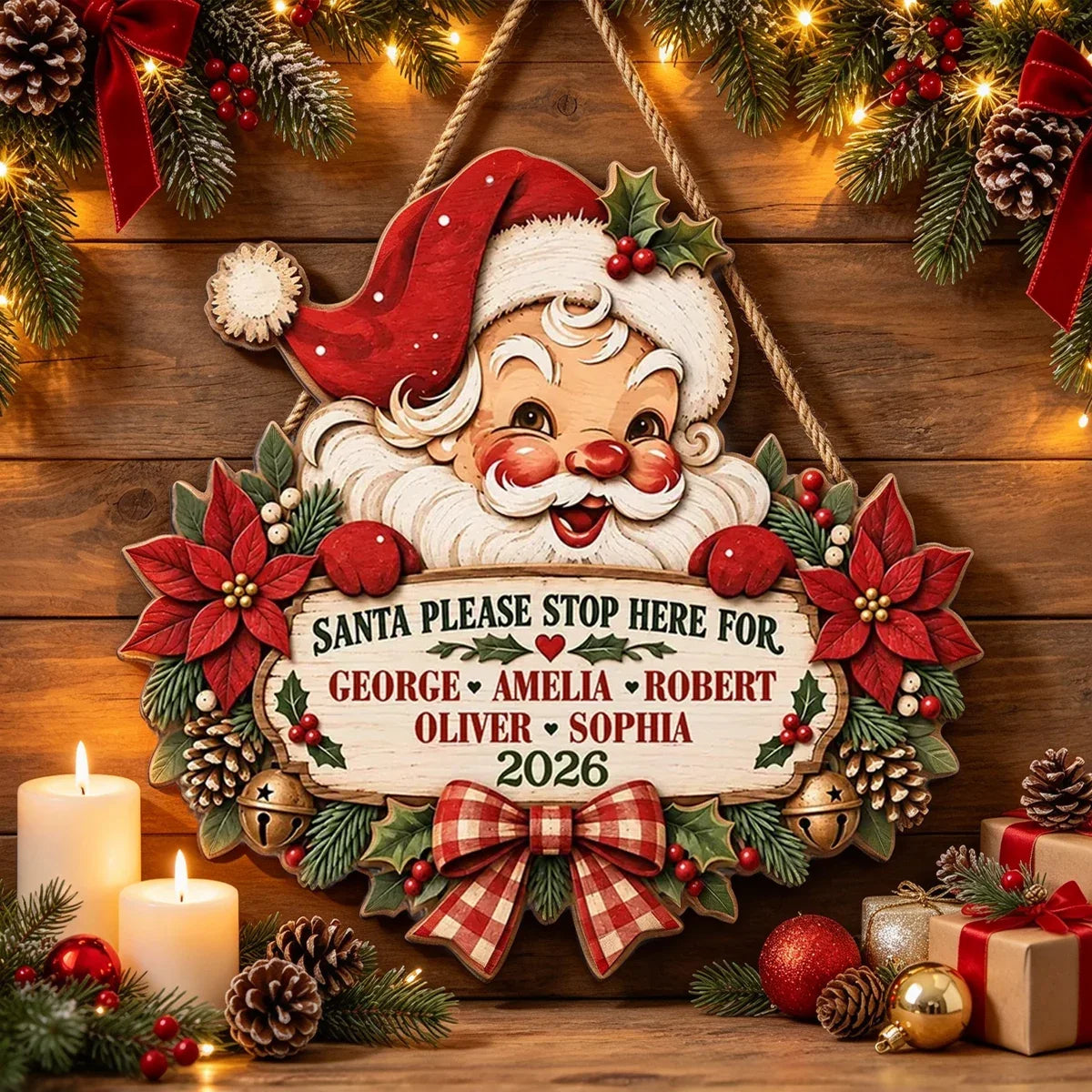 Personalized Vintage Santa Wooden Sign Family Message Christmas Gift