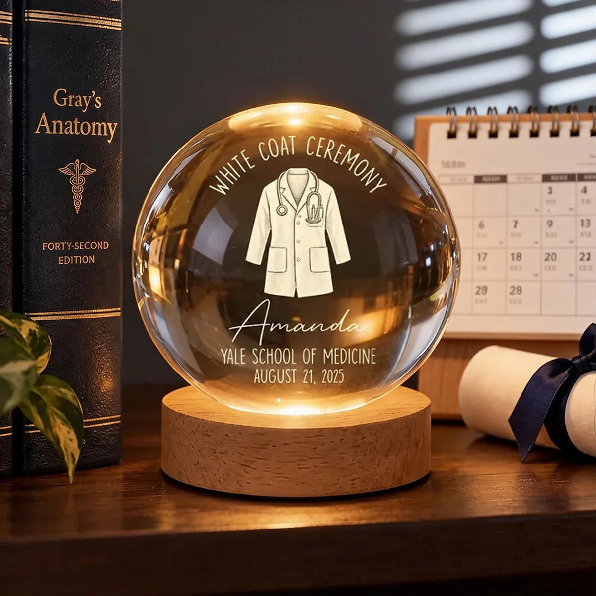 Personalized Globe Lamp with White Coat Illustration Gift for Future Doctor