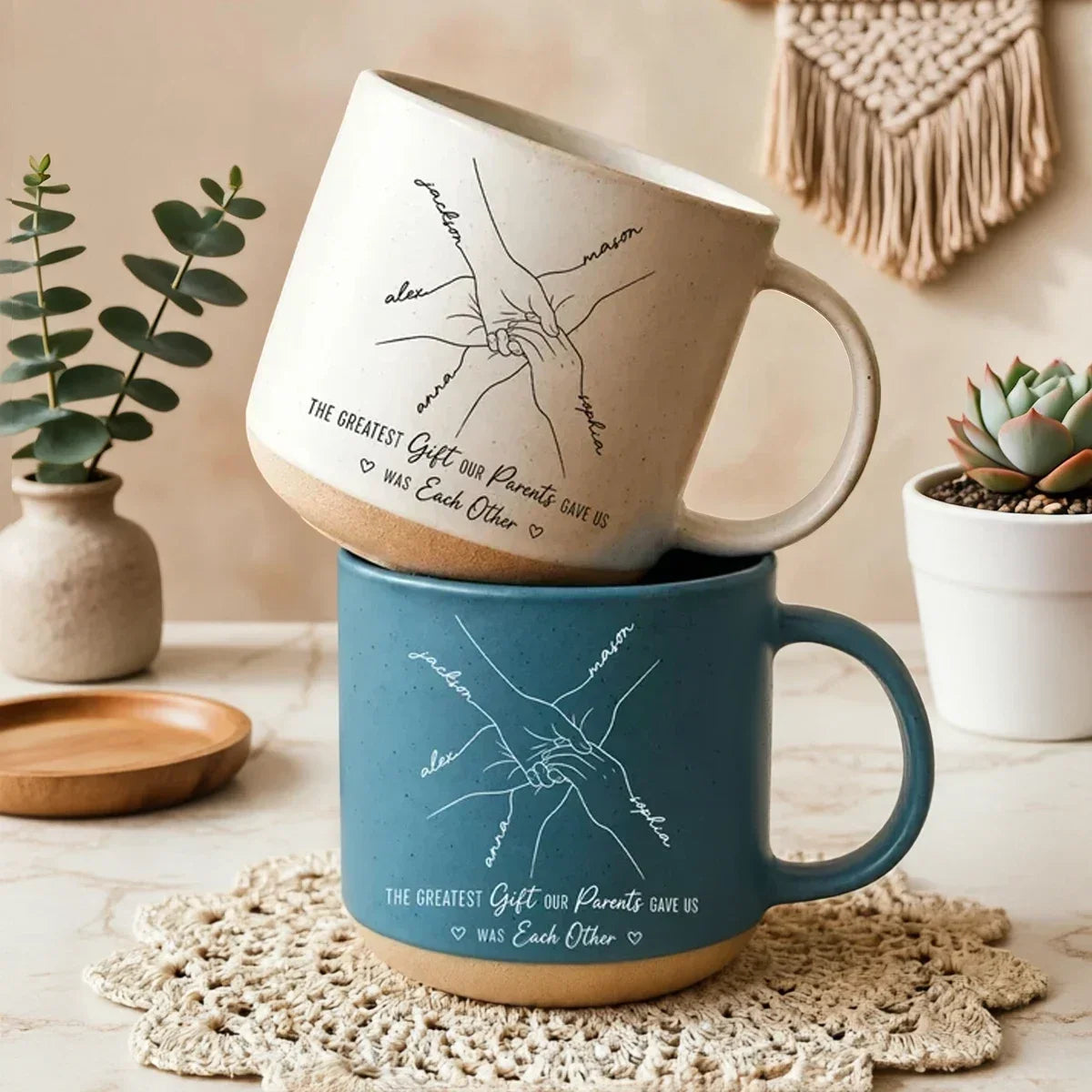 Personalized Pottery Mug with Joined Hands Gift for Sibling