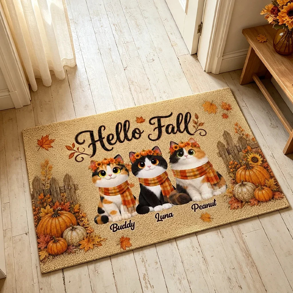 Personalized Doormat with Cats and Pumpkins | Housewarming Gift for Cat Owners