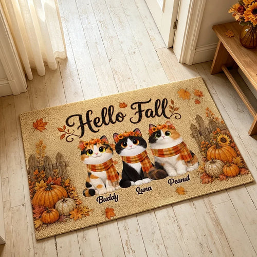 Personalized Doormat with Cats and Pumpkins | Housewarming Gift for Cat Owners