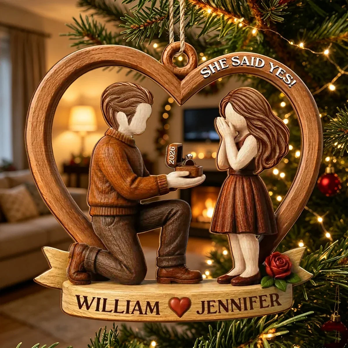 Personalized Wooden Engagement Ornament Custom Couple Gift