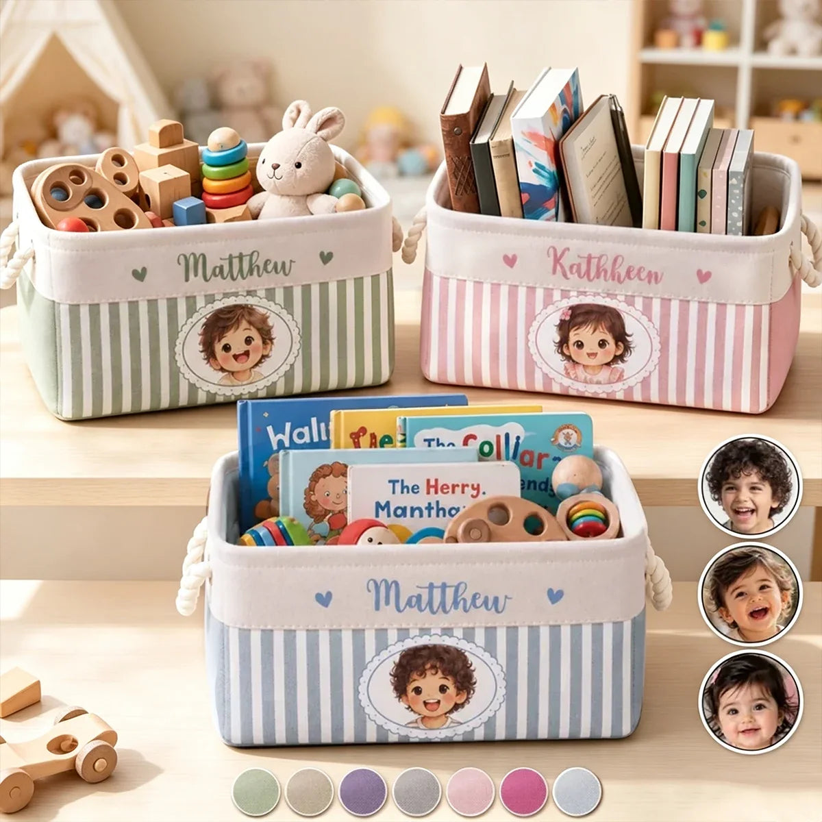 Personalized Cotton Linen Rope Basket Cute Child Portrait Gift for Kids