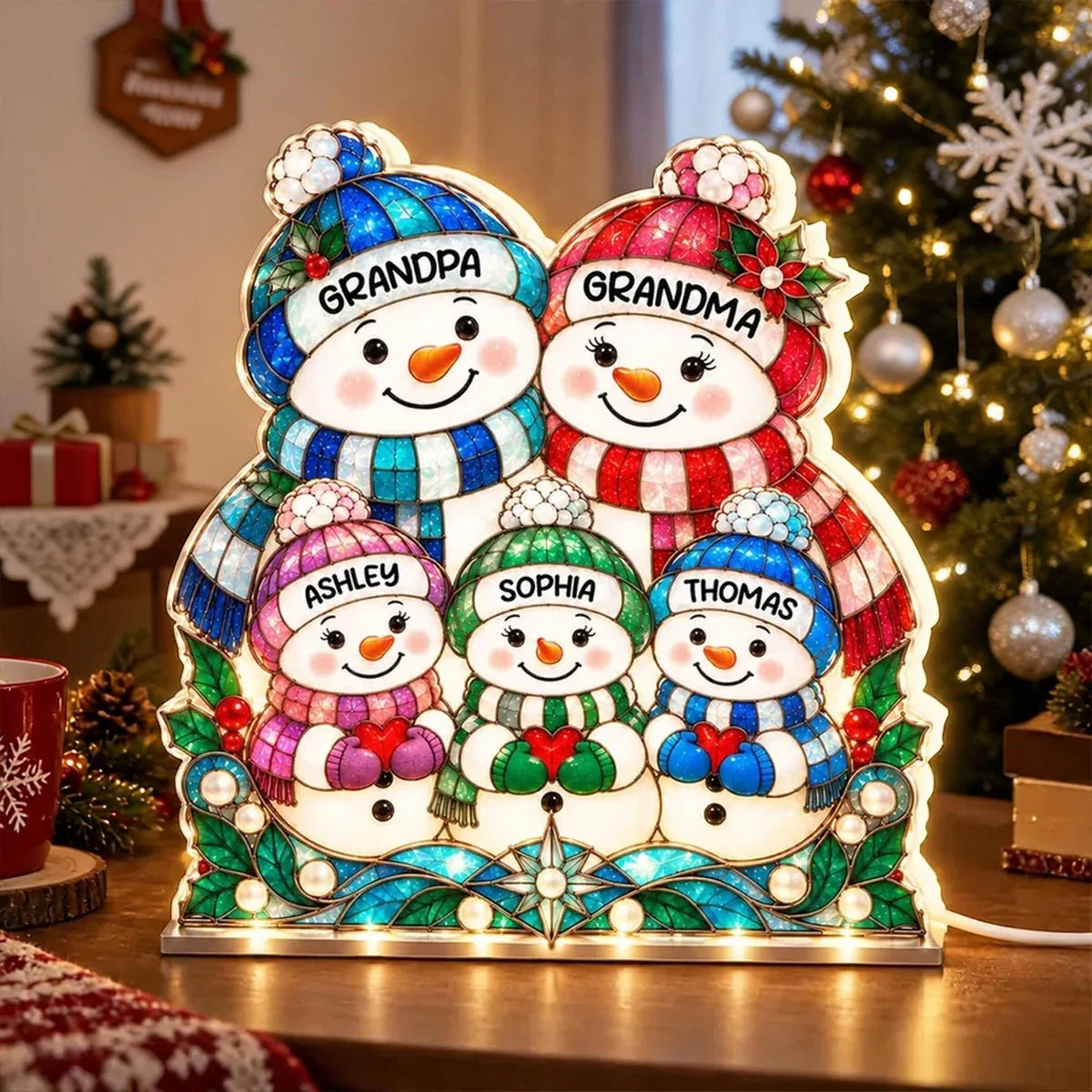 Personalized Snowman Family Acrylic Light Box Gift for Grandparents