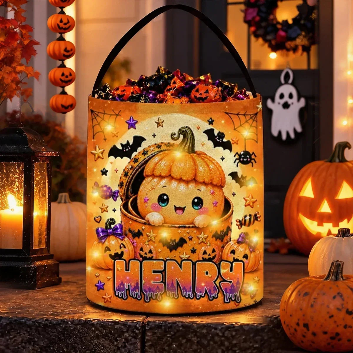 Personalized LED Light Up Pumpkin Treat Basket for Kids Halloween
