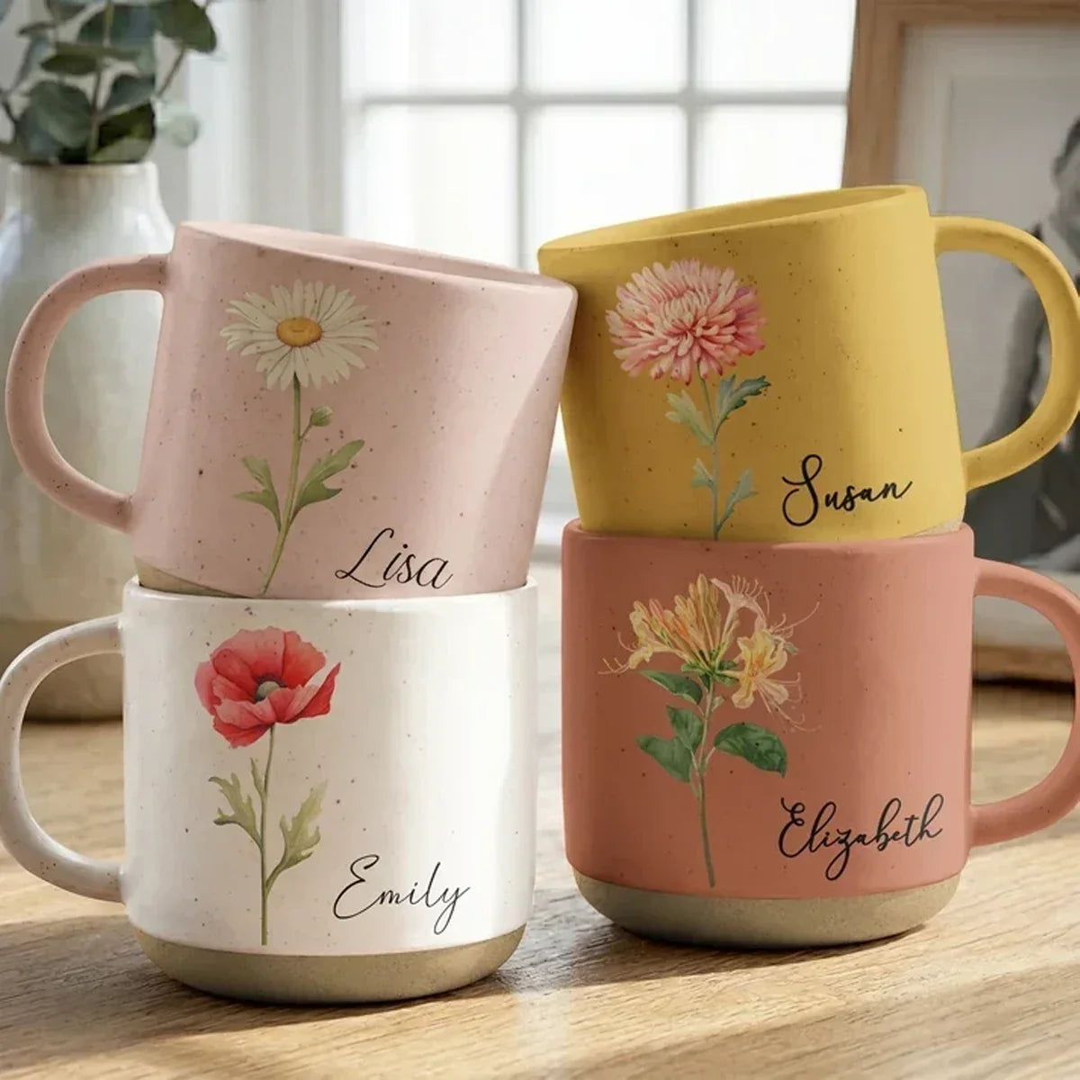 Personalized Birth Flower Pottery Mug Custom Gift for Her