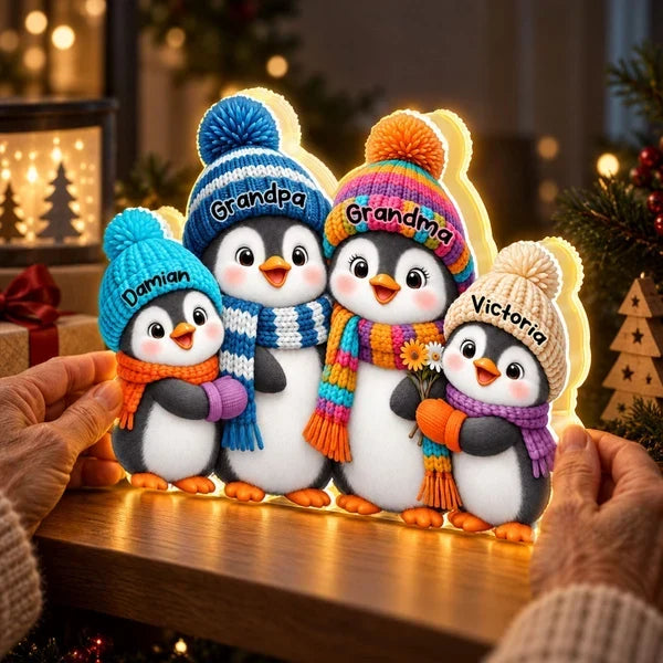 Personalized Penguin Family Acrylic Light Box Gift for Grandparents
