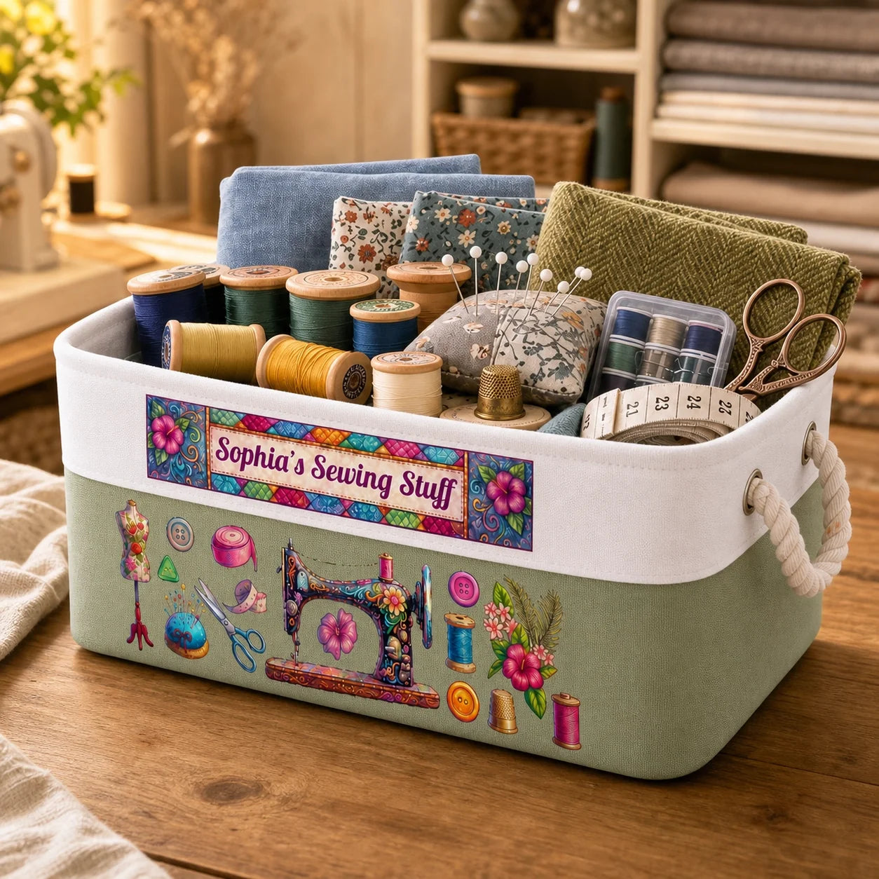 Personalized Cotton Linen Rope Sewing Basket Gift for Mom