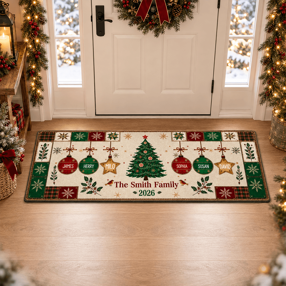 Personalized Christmas Doormat with Tree & Ornaments - Unique Family Gift