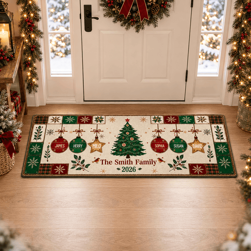 Personalized Christmas Doormat with Tree & Ornaments - Unique Family Gift