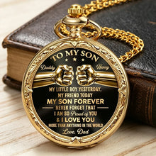 Load image into Gallery viewer, Personalized Black and Gold Pocket Watch Gift for Son from Dad
