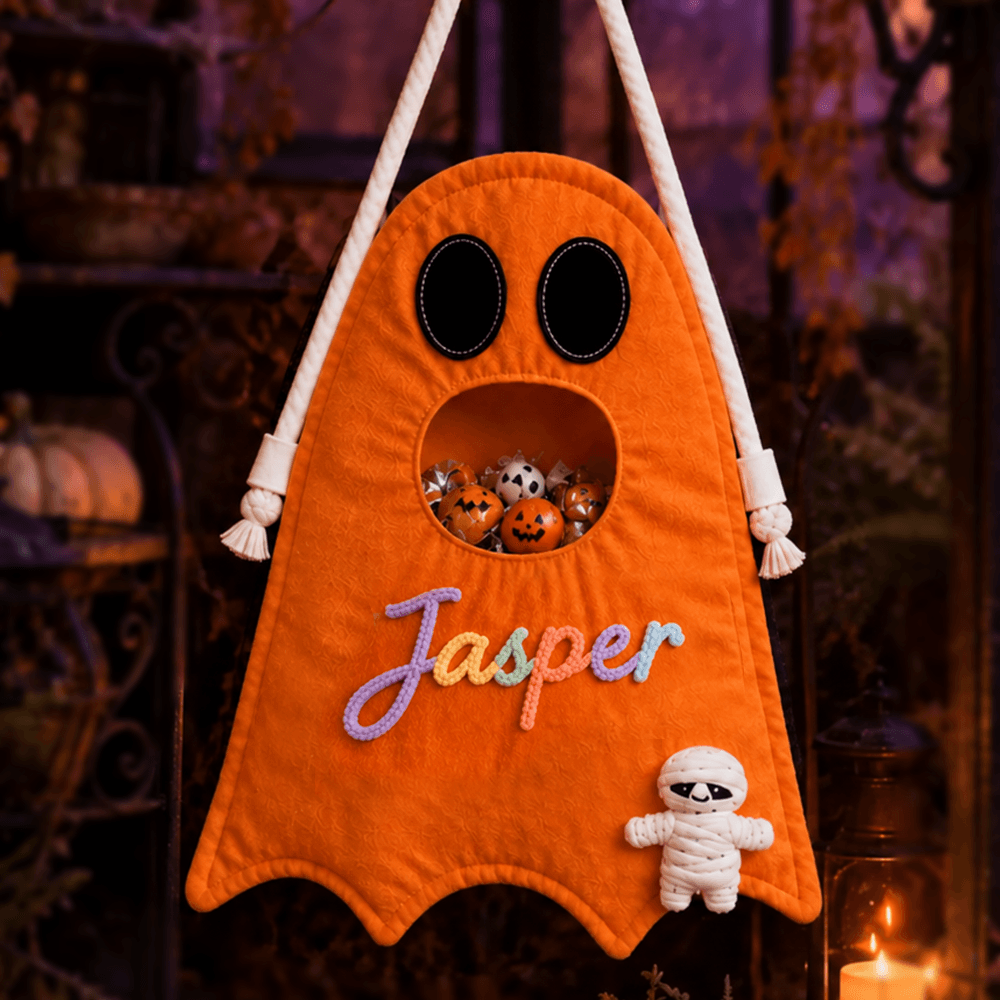 Personalized Crochet Ghost Trick-or-Treat Bag for Kids with Custom Name & Halloween Icon
