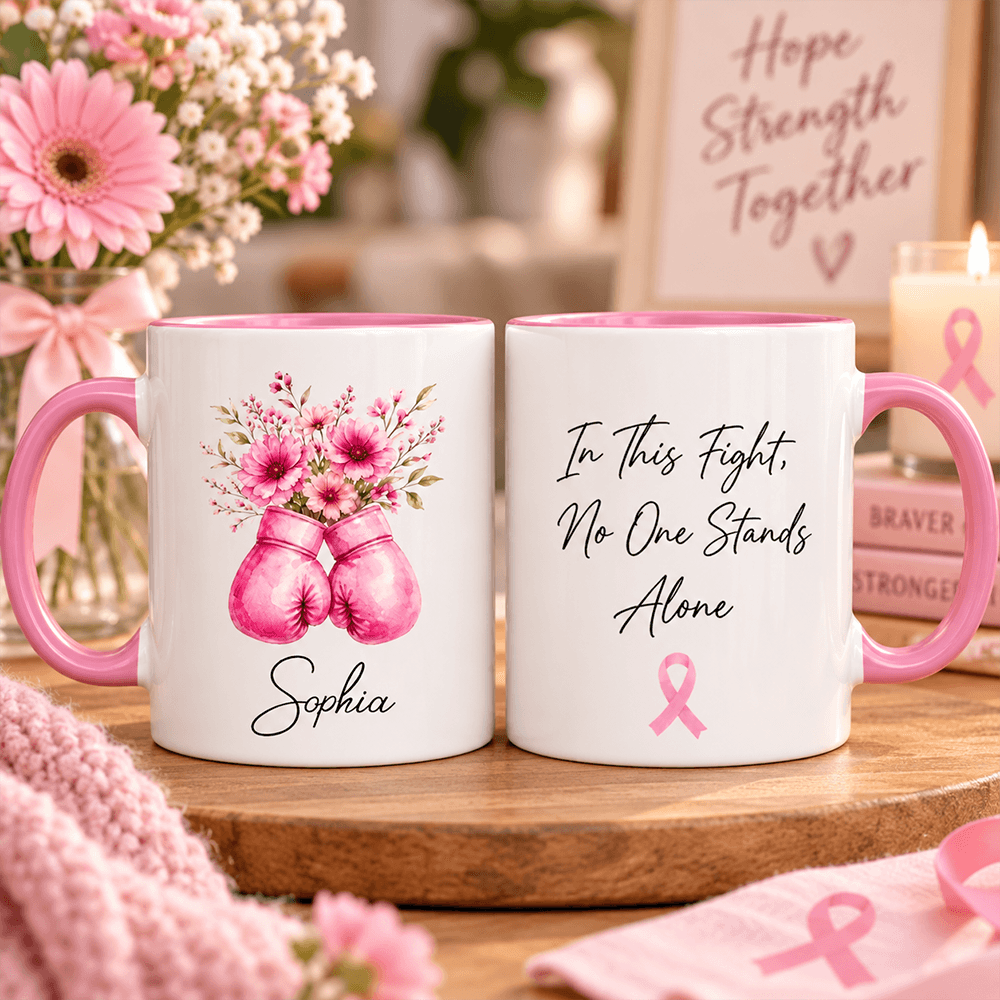 Personalized Floral Boxing Gloves Mug Gift for Her - Breast Cancer Support