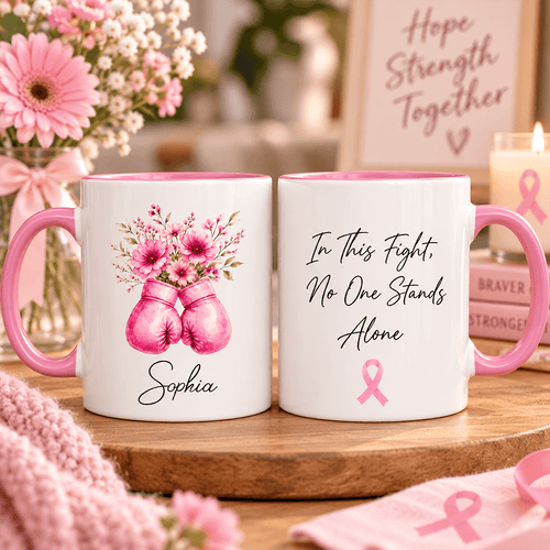 Personalized Floral Boxing Gloves Mug Gift for Her - Breast Cancer Support
