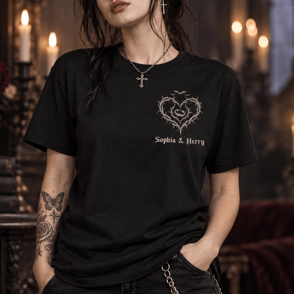 Personalized Gothic Skeleton Couple T-Shirt Custom Names Gift