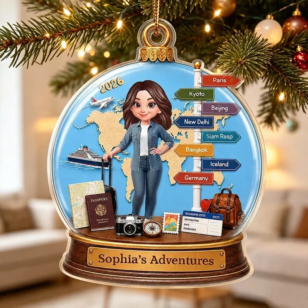 Personalized Acrylic Travel Ornament with World Map Gift for Mom