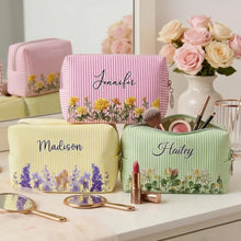 Load image into Gallery viewer, Personalized Striped Makeup Bag Custom Botanical Design Gift for Her
