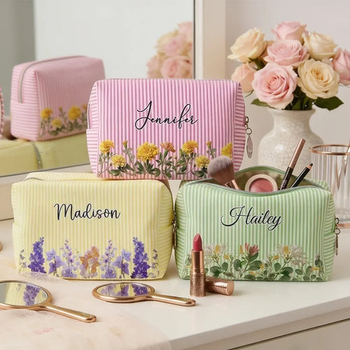 Personalized Striped Makeup Bag Custom Botanical Design Gift for Her