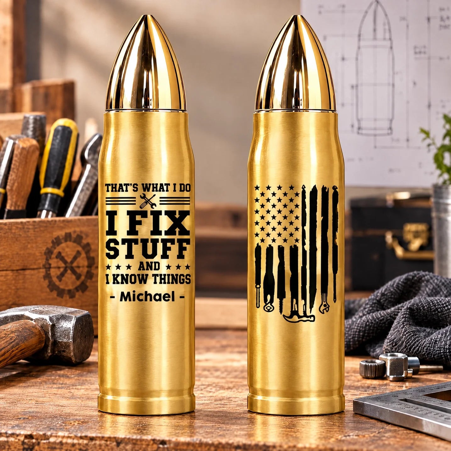 Personalized Bullet Tumbler Custom Name Gift for Dad Mechanic
