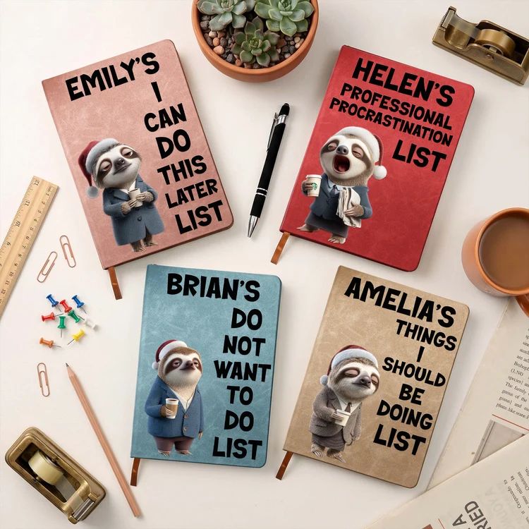 Personalized Leather Journal with Sleepy Sloth Gift for Coworker