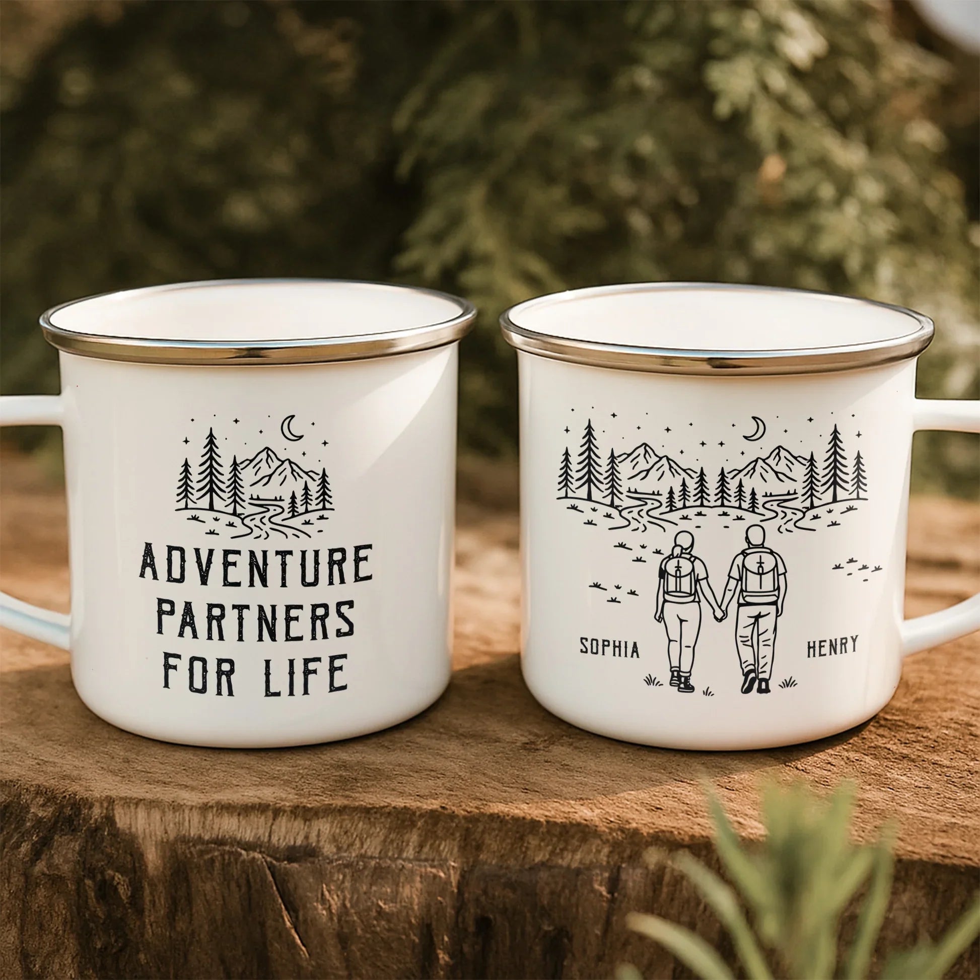 Personalized Adventure Partner Enamel Mug Set for Couples - Outdoor Camping Gift Cup MagicInPrints