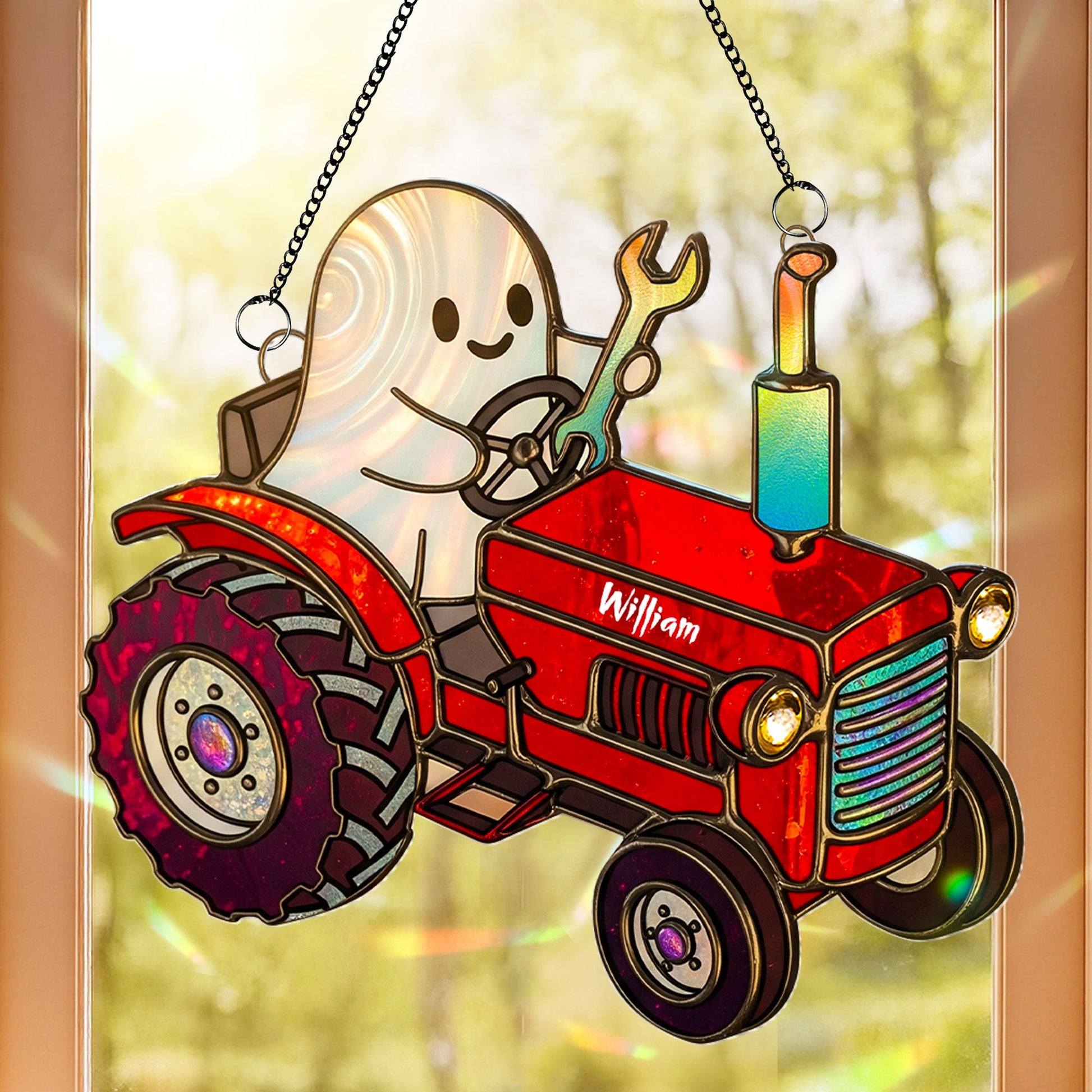 Cute Tractor Ghost Farmer Suncatcher - Personalized Gifts For Farmers Ornament MagicInPrints