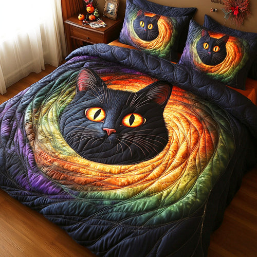 Embrace the Magic of Cats – Personalized Haunted Cat 3-Piece Quilted Bedding Set – Gift for Cat Lovers Quilted Bedding Set V2 MagicInPrints