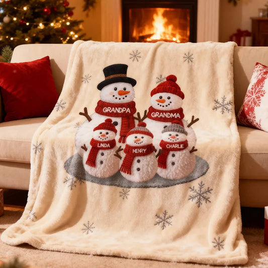 Personalized Family Christmas Blanket Snowman Design for Grandparents - Holiday Decor Pillow or Blanket MagicInPrints