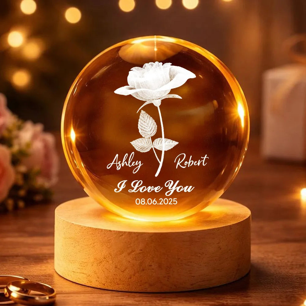 Personalized LED Crystal Ball Lamp for Couples with Rose Design - Anniversary Gift Lamp MagicInPrints