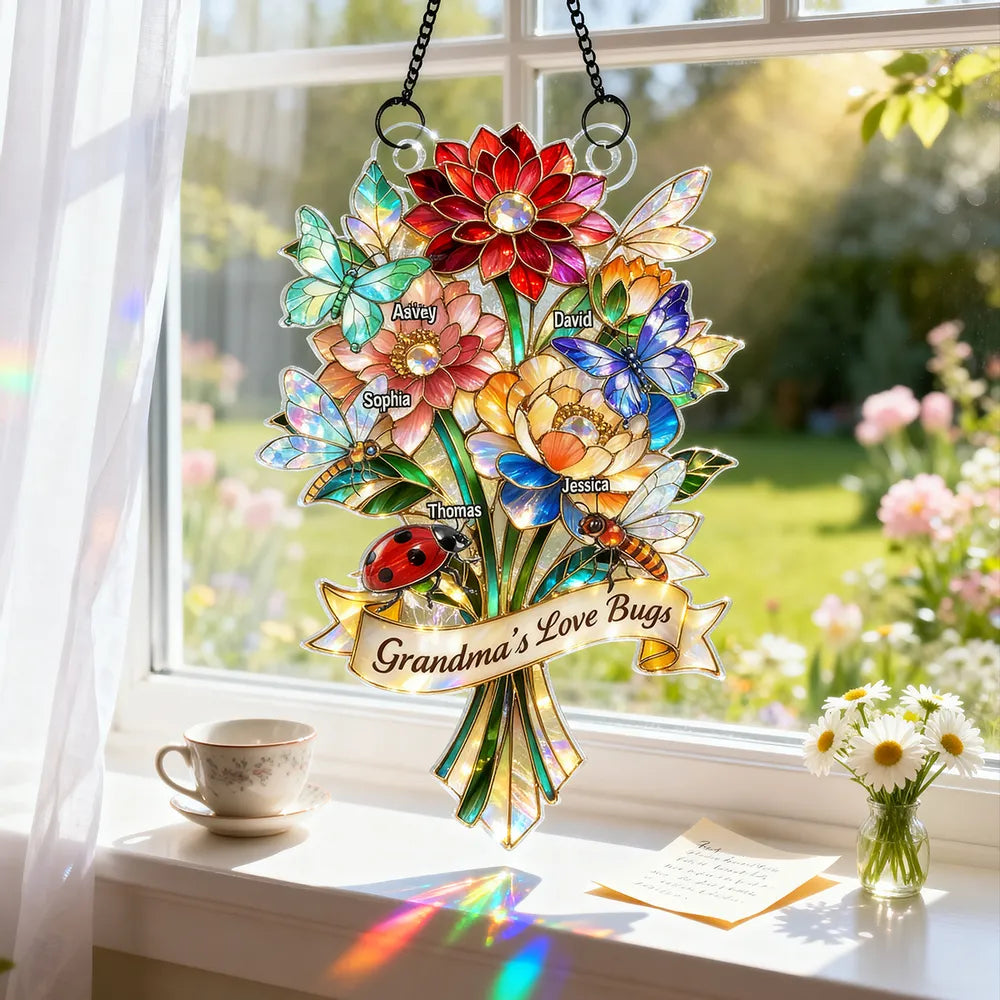 Personalized Stained Glass Suncatcher for Grandma - Custom Names Floral Decoration Ornament MagicInPrints