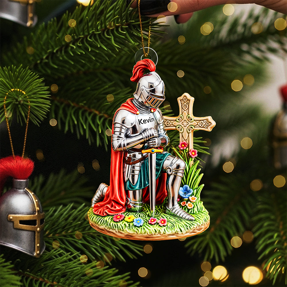 "Noble Path of Faith - Personalized Kneeing Knight Ornament" - Custom Gifts for Christians, Perfect for Any Occasion Ornament PopCulturePrints