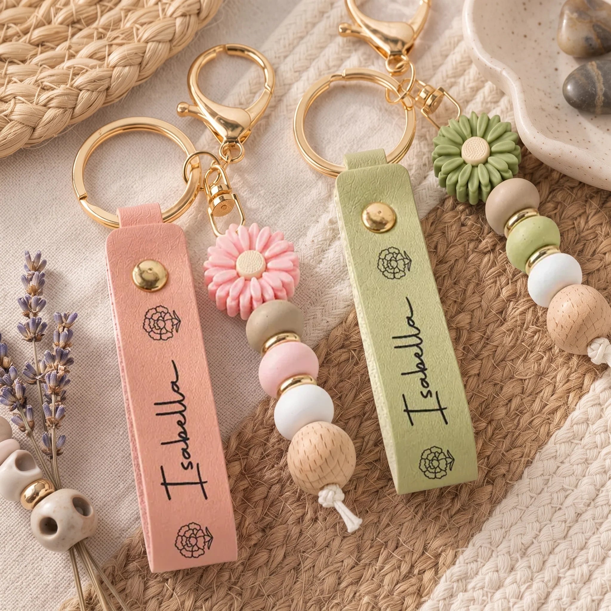 Personalized Floral Daisy Keychain with Custom Name Gift for Her