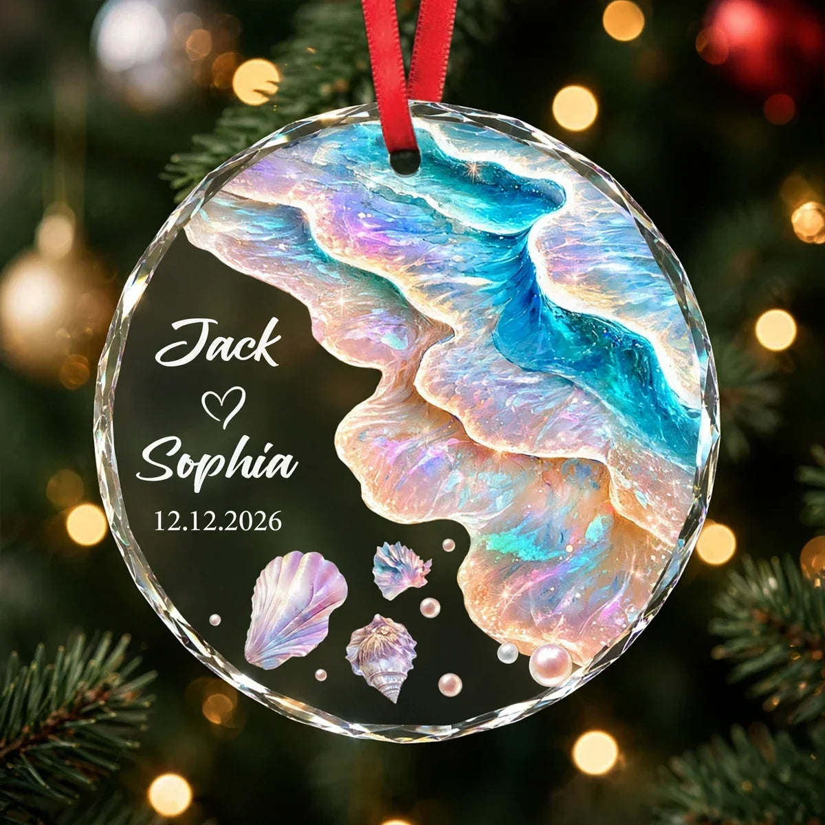 Personalized Crystal Ornament Iridescent Ocean Waves Gift for Newlyweds