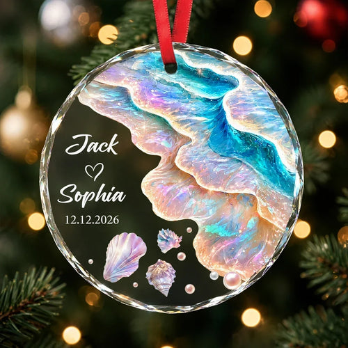 Personalized Crystal Ornament Iridescent Ocean Waves Gift for Newlyweds