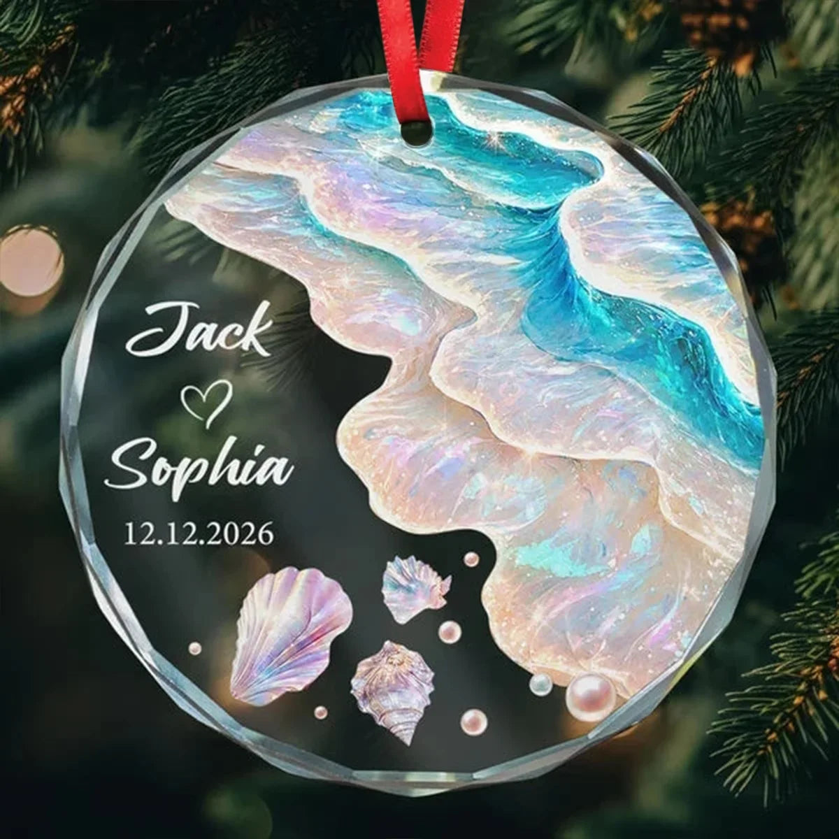Personalized Crystal Ornament Iridescent Ocean Waves Gift for Newlyweds