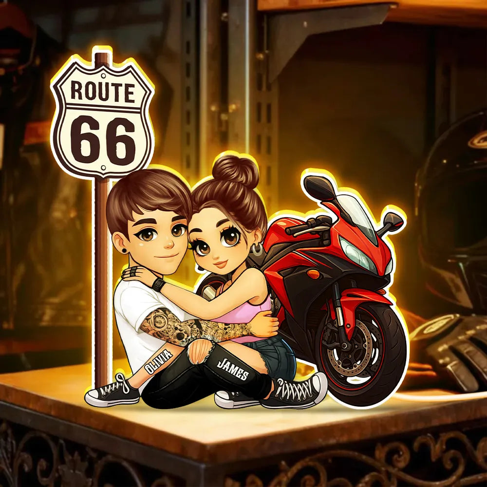 Customized Couple Cartoon Art for Bikers - Route 66 Adventure Gift Plaque MagicInPrints