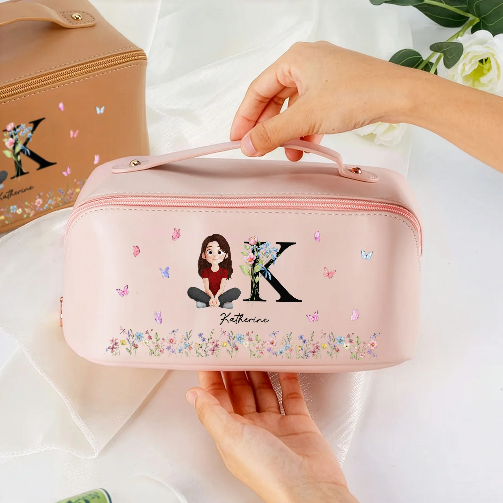 Personalized Makeup Bag for Women with Initial and Cartoon Design - Perfect Gift Bag MagicInPrints