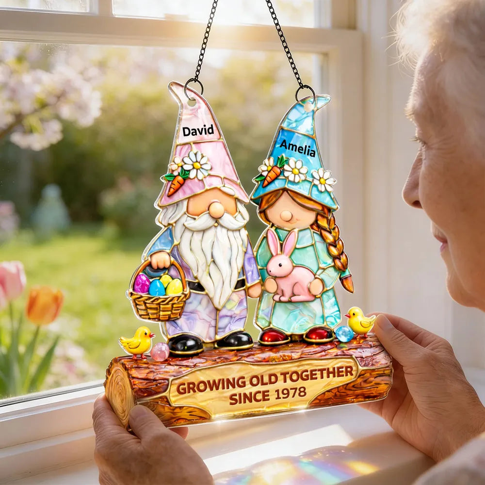 Personalized Gnome Couple Stained Glass Ornament for Couples - Anniversary Gift Ornament MagicInPrints