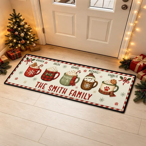 Personalized Family Doormat with Red and Green Mugs Gift for Christmas