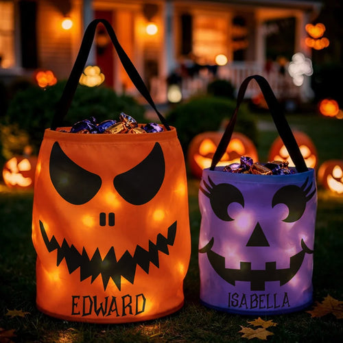 Personalized LED Light Up Fabric Basket Pumpkin Face Halloween Gift for Kids