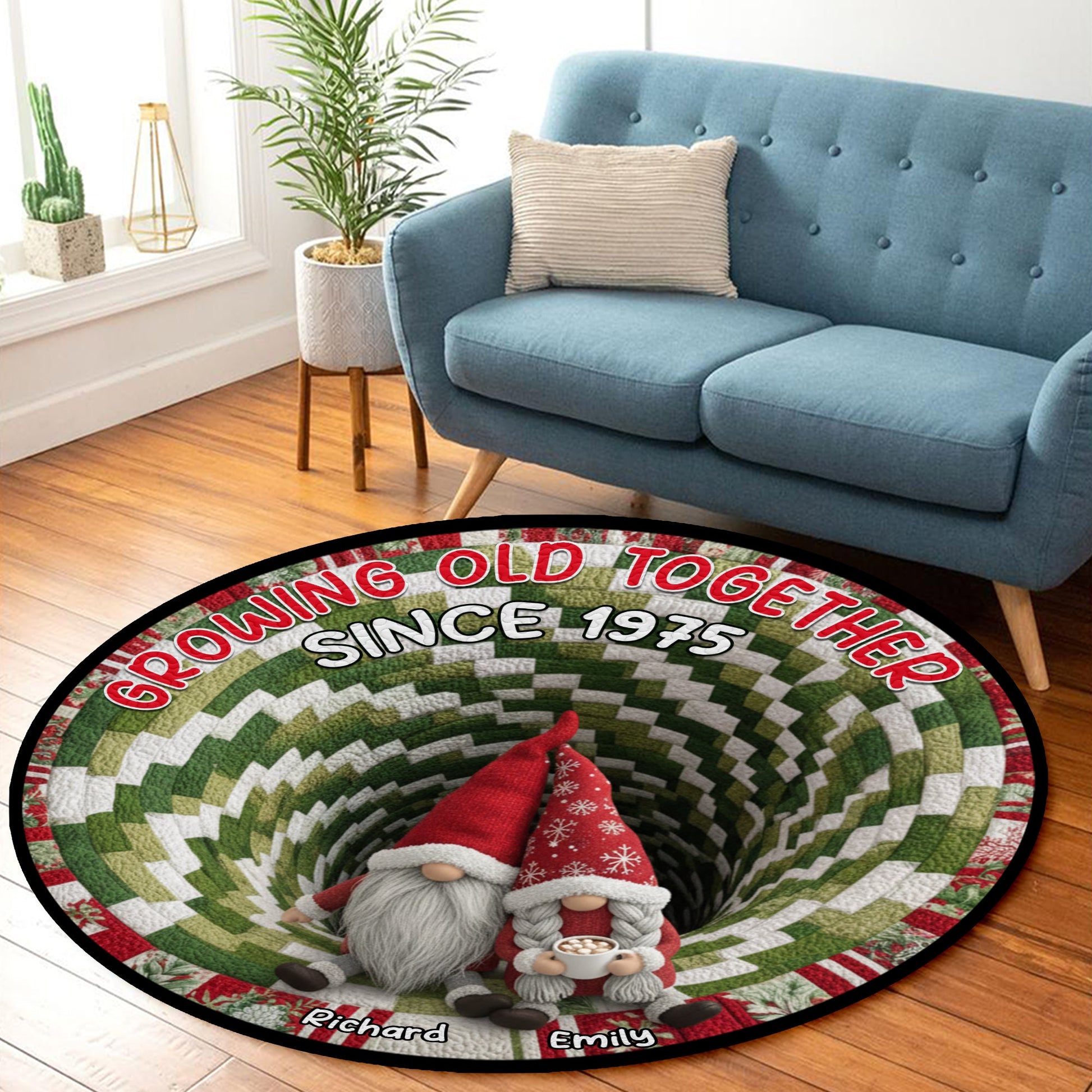 Growing Old Together: Gnome Couple Quilted Round Mat - Personalized Gift for Couples Doormat MagicInPrints