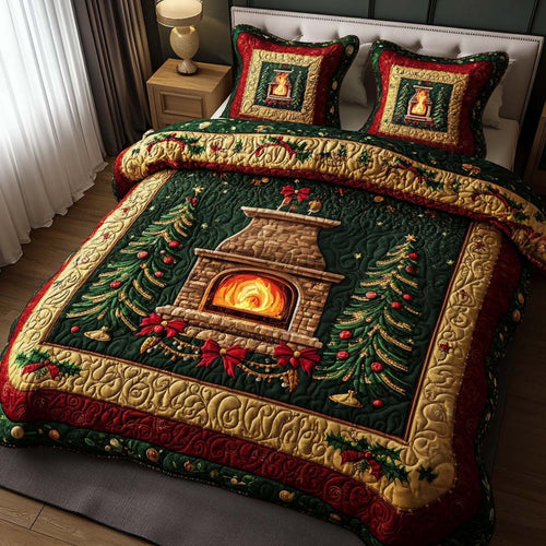 Embrace Warmth and Togetherness – Cozy Fireplace 3-Piece Quilted Bedding Set – Gift for Home Lovers Quilted Bedding Set V2 MagicInPrints