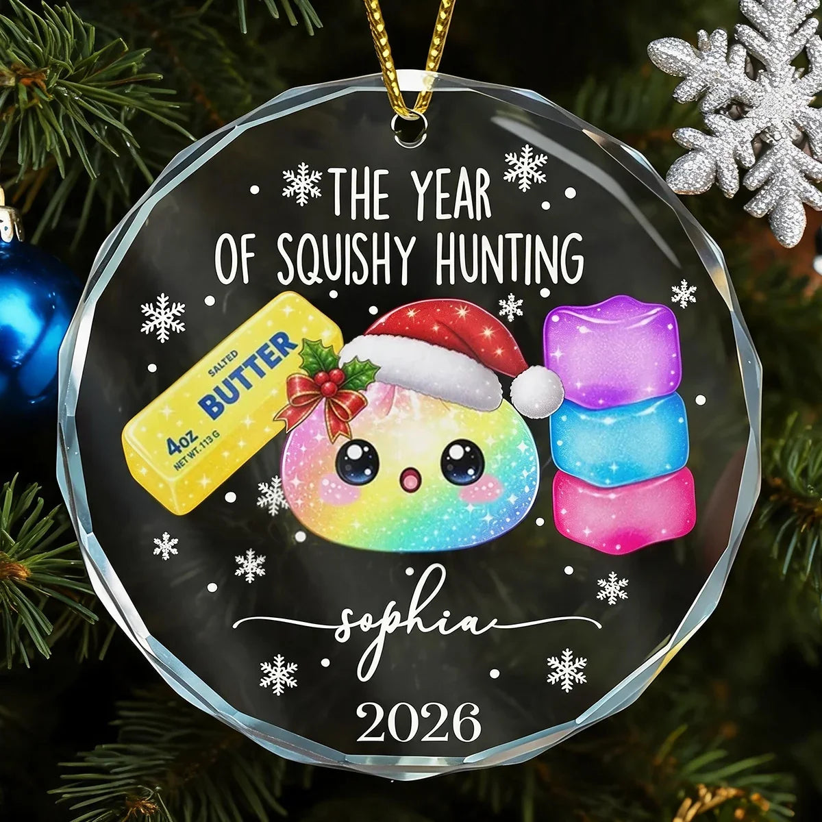 Personalized Crystal Ornament Rainbow Squishy Santa Hat Gift for Kids