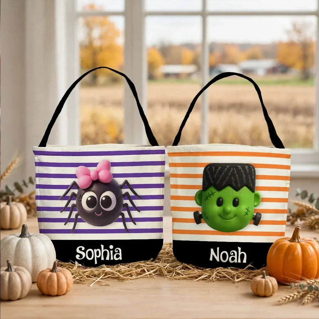 Personalized Halloween Basket Tote Cute Spider or Monster Gift for Kids