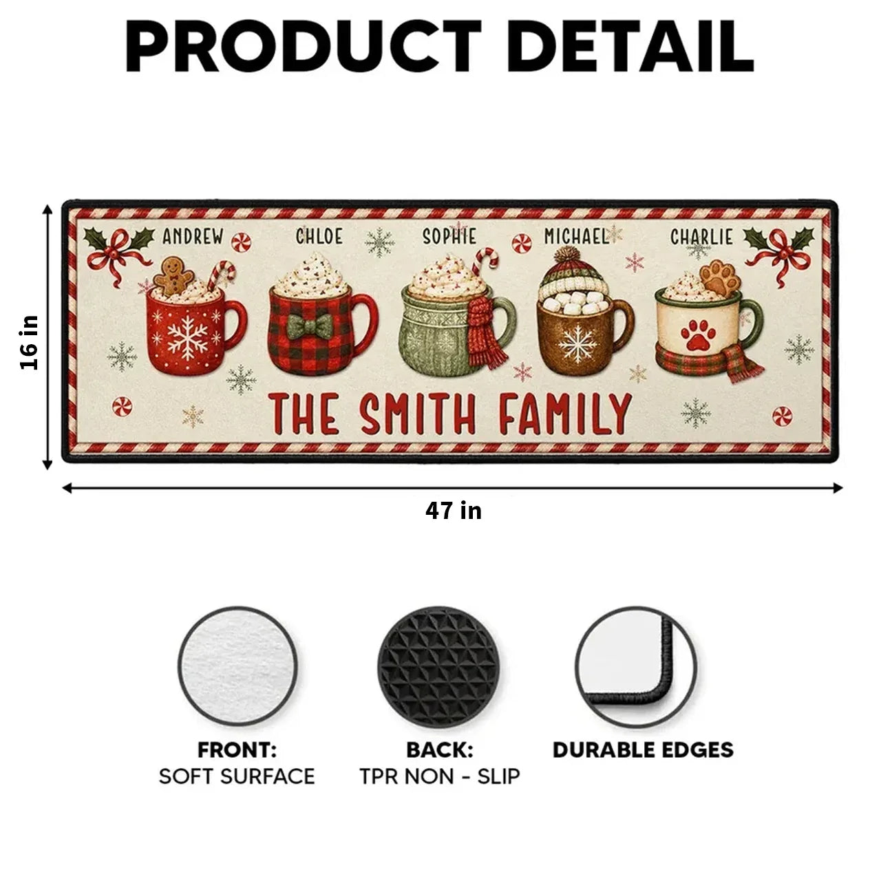 Personalized Family Doormat with Red and Green Mugs Gift for Christmas