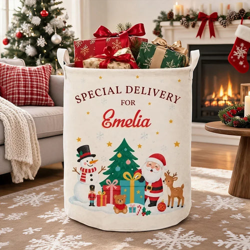 Personalized Round Storage Basket Red Green Santa Scene Gift for Family