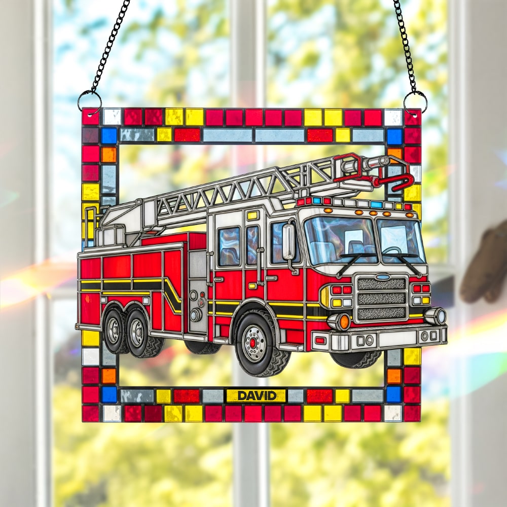 Firetruck Window Hanging Suncatcher Ornament Personalized Gifts For Firefighters Ornament MagicInPrints