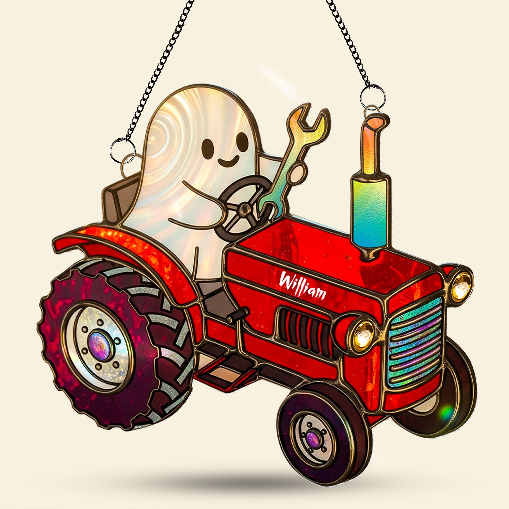 "Rev up your spirit!" Personalized Cute Tractor Ghost Farmer Suncatcher - Unique Gift for Farmers Ornament MagicInPrints