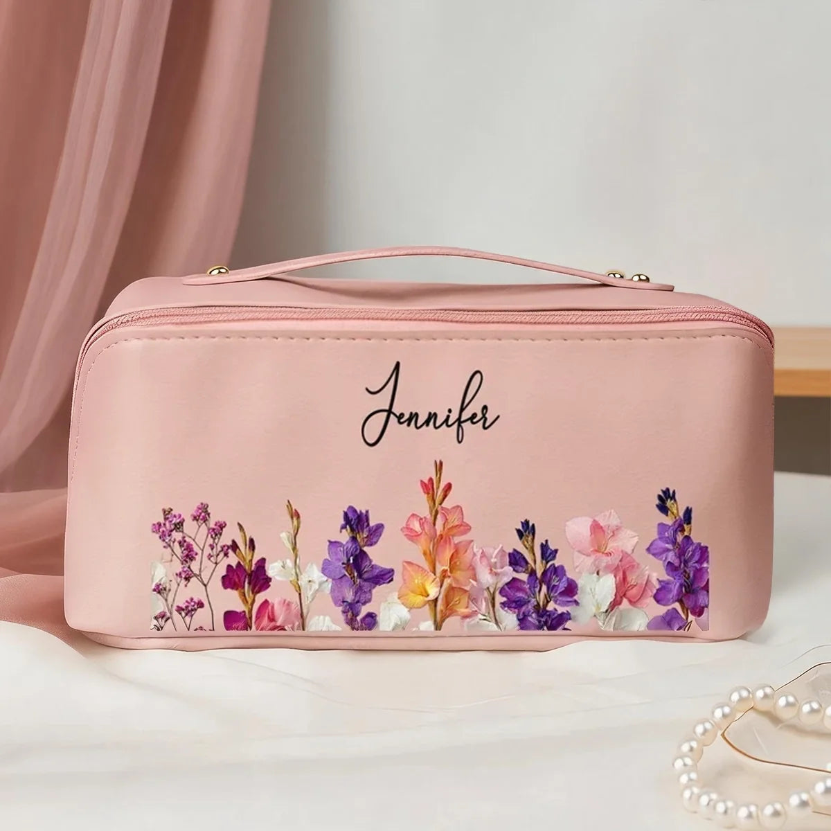 Personalized Blush Floral Leather Makeup Bag Gift for Mom