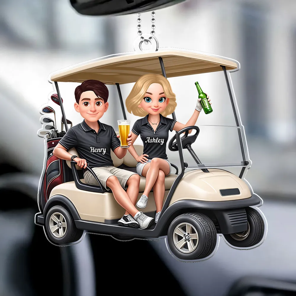 Custom Cartoon Golf Cart Couple Car Ornament - Personalized Gift for Golf Lovers Car Hanger MagicInPrints